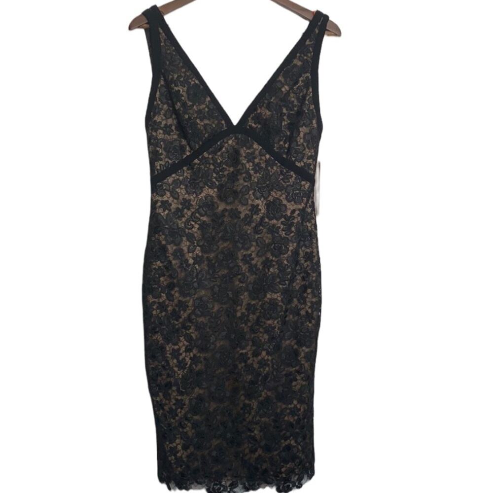 Monique Lhuillier Black Floral Lace Bodycon Dress Sz 8